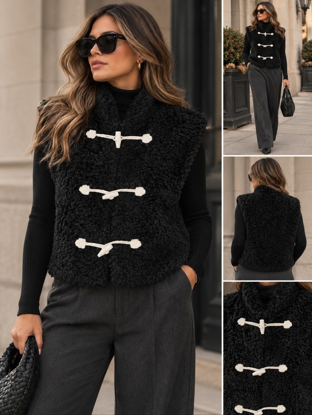 Tankaneo Faux Shearling Vest Black Toggle Duffle XL Faux Fur Winter